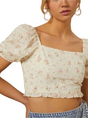 Alter’d State Cream Floral Puff Sleeve Smocked Crop Top Romantic Cottagecore